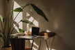 © Floral Deco - Home workspace with stationery, laptop and tropical plant in a bright, airy room with aesthetic wam sunlight shadows