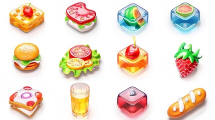 Sticker - Sixteen colorful food icons with frosted glass texture