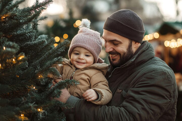 Caucasian father with toddler choosing Christmas tree at outdoor market. Merry Christmas and happy New Year poster. Holiday celebration, lifestyle