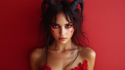 Wall Mural - Gothic Demoness Fantasy Portraits: Dark, Mysterious, and Seductive Beauty in Red