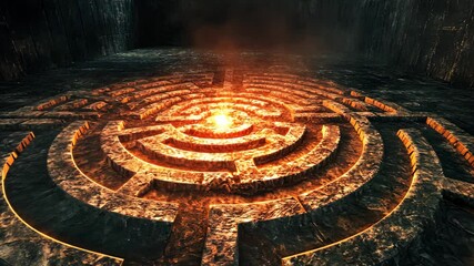 Fire burning at the center of stone labyrinth