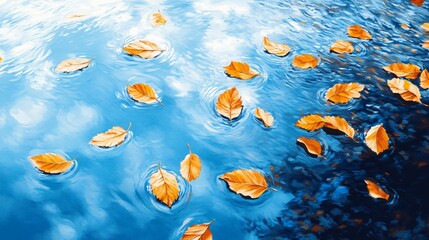 Poster - Golden autumn leaves floating on blue water with white clouds painted in the background.