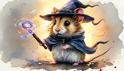 Wall Mural - Whimsical fantasy adventure featuring a cute hamster wizard casting spells in dawn light, beautifully illustrated in elegant watercolor style