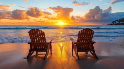 Two wooden chairs facing the ocean at sunset.