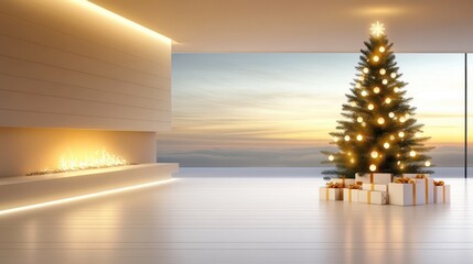 Poster - Decorated Christmas tree with glowing lights and ornaments, standing next to a cozy fireplace.