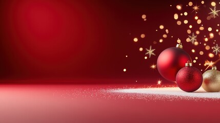 Wall Mural - Deep red Christmas background with gold stars and snowflakes, accented with sparkling lights and holiday ornaments.