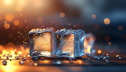 Wall Mural - Charming close-up of a sparkling soda glass with glistening ice cubes against a whimsical bokeh twilight backdrop in vibrant watercolor style