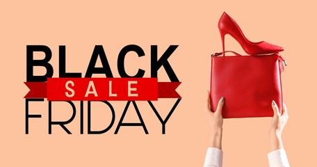 Poster - Woman's hands with stylish bag and high heeled shoe on beige background. Black Friday sale