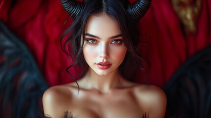 Wall Mural - Gothic Demoness Fantasy Portraits: Dark, Mysterious, and Seductive Beauty in Red