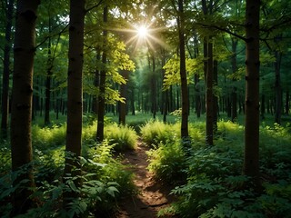 Beautiful view of a sunny forest with green branches.