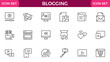 © MDUZIR - Blogging banner with icons. Post, social media, community, content, website, sharing, create, opinion. Business concept. Web vector infographic in outline icon style.