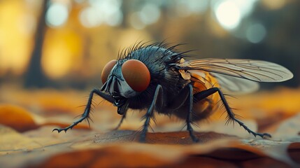 Wall Mural - Fly Macro Photography: Close Up of a Fly's Eyes and Wings