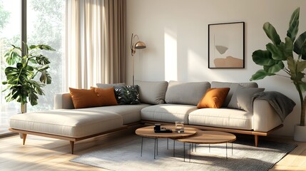 Wall Mural - Inviting and Stylish Modern Living Room with Minimalist Flair and Calming Ambiance   3D Rendered Scene Featuring a Comfortable Sectional Sofa Cohesive Design and Natural Wood Tones