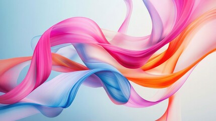 Wall Mural - Abstract ribbons in pink, blue, and orange swirl gracefully on a light blue background, creating fluid movement. No people.