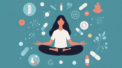 Poster - A woman sits cross-legged in a meditative posture, surrounded by various symbols representing health and wellness, such as pills, plants, and health icons