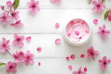 Wall Mural - Cosmetic cream container and pink flowers on white wooden background from top view - generative ai