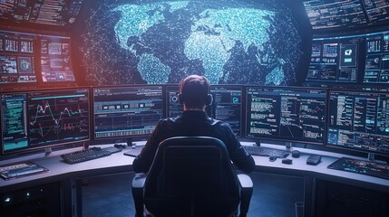 A hacker sits in front of multiple monitors displaying data and a world map, representing global cyber security.