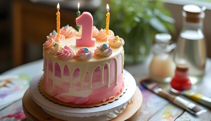 Wall Mural - Sweet celebration of a baby girls first birthday with a watercolor cake and soft pastel presents from a high angle perspective