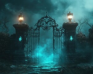 Wall Mural - A gate with a blue light shining on it