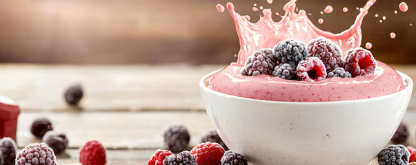 Wall Mural - Fresh smoothie bowl with frozen berries splashing joyfully