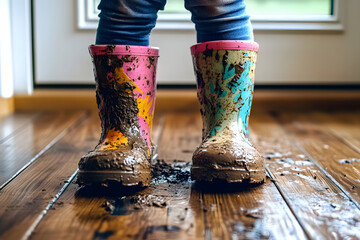 Wall Mural - Muddy Kids. Rubber Rain Boots for Dirty Children on Laminate Floor