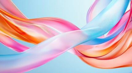 Poster - Colorful abstract ribbons in pink, blue, and orange tones twist and swirl smoothly on a light blue background. No people.