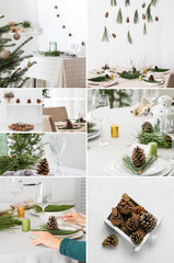 Wall Mural - Collage of beautiful table setting with pine cones and green branches. Christmas and New Year celebration