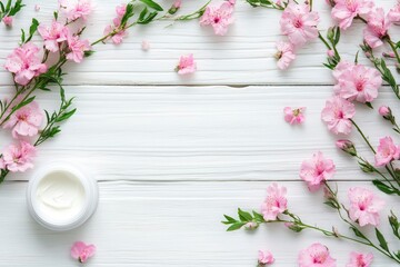 Wall Mural - Cosmetic cream container and pink flowers on white wooden background from top view - generative ai