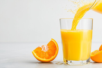 Wall Mural - Fresh orange juice pouring into glass, bright and refreshing