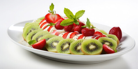 Fruit salad decorated with kiwi, strawberries and garnished with lime leaf on white background.