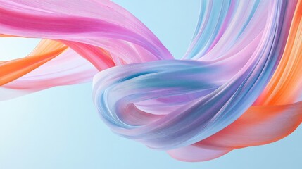 Poster - Colorful abstract ribbons in pink, blue, and orange twist and swirl against a light blue backdrop, creating fluid motion. No people.