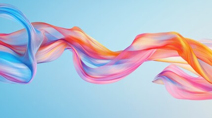 Poster - Colorful ribbons in pink, blue, and orange tones swirl dynamically on a light blue background, forming an abstract motion. No people.