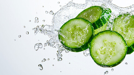 Wall Mural - Chilled cucumber slices splash in vibrant water, creating refreshing scene