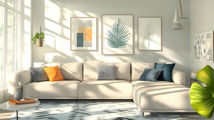 Wall Mural - Peaceful and Inviting Contemporary Living Room with Generously Sized Sectional Sofa and Curated Modern Decor Pops of Color Adding Vibrancy and Textural Details for Scandinavian Inspired Comfort