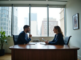 Two professionals in a formal business meeting in a modern, high-rise office setting, discussing paperwork with a view of a city skyline in the background.