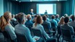 © Elmira - A diverse group of professionals is seated in a modern conference room, attentively watching a seminar presentation. The atmosphere is focused and engaged