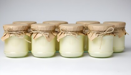 Rustic display of cream-colored jars sealed with paper and twine