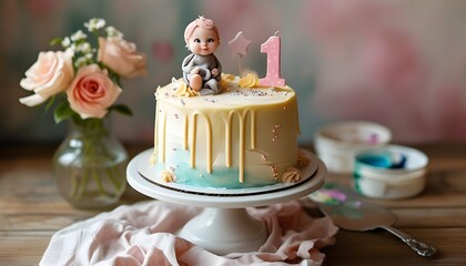 Sweet celebration of a baby girls first birthday with a watercolor cake and soft pastel presents from a high angle perspective