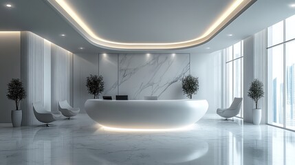 Poster - Clean abstract white business reception area, minimalist furniture, modern