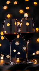 Wall Mural - Two glasses with red wine on a dark background with golden bokeh