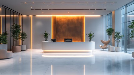 Poster - Clean abstract white business reception area, minimalist furniture, modern