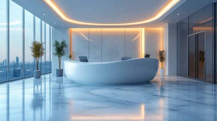 Poster - Clean abstract white business reception area, minimalist furniture, modern