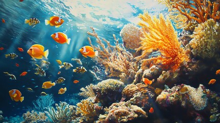 Wall Mural - Vibrant underwater scene with colorful fish and coral reefs, showcasing the beauty of marine life in a serene ocean environment.