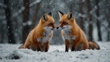 Wall Mural - Charming little foxes in a snowy landscape.
