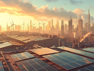Poster - renewable energy driven urban revitalization with vast arrays of solar panels covering industrial ro