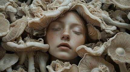 Canvas Print - Woman Surrounded by Mushrooms - A Dreamy Portrait