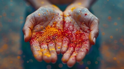 Wall Mural - Happy Holi , Concept Indian color festival. close-up female hands with colored powder over dark