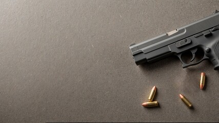 Black handgun resting with bullets nearby