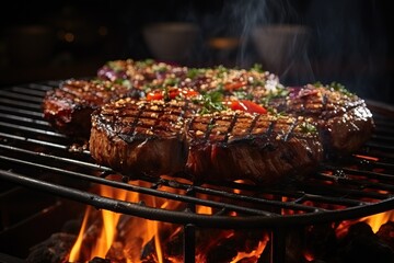 A piece of meat is fried on a grill grid over a fire.