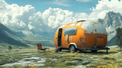 Poster - Vintage Trailer Parked in a Mountain Landscape